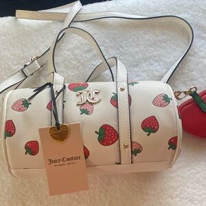 Juicy Couture White Mini Barrel Bag with Red Strawberry Print
